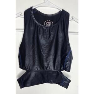 ASICS D1 Womens Crop Top XS Black Blue Athletic Shirt Running Gym Racerback Tee